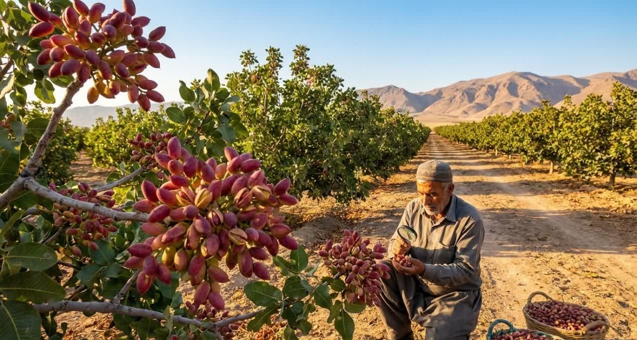 باغ پسته که با رقم مناسب با ویژگی های ژنتیکی مناسب در یک موقعیت مناسب کاشته شده است