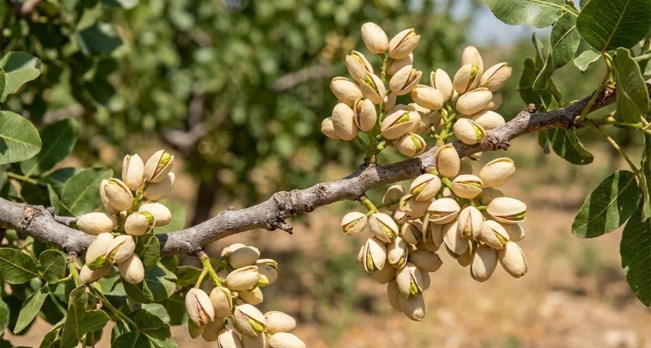 نمای نزدیک از خوشه پسته با میوه های خندان با رنگ طبیعی پسته